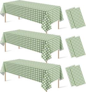 lot 8053 image: 6 Pcs Sage Green Gingham Tablecloth Decorations, Disposable Plastic Green Checkered Tablecloth Buffalo Plaid Table Cover for Baby Shower Bridal Wedding Birthday Party Supplies,54 x 108 Inch