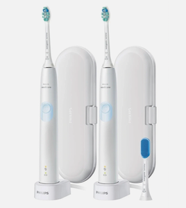 lot 8044 image: Philips Sonicare Optimal Clean 2-Pack (HX682970) includes two white electric toothbrush handles