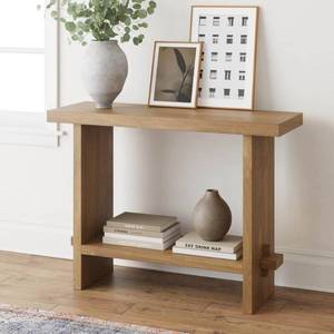 lot 19469 image: Nathan James Console Sofa Table Brushed Light Brown Entryway Table with Charging Station, 40in Width - Retail $200
