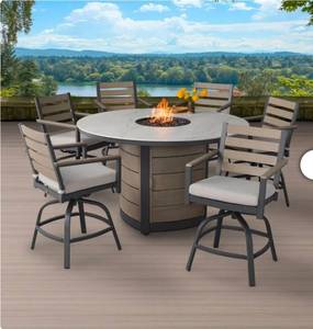 lot 20732 image: Agio Nicolet 7-piece Fire Outdoor Patio High Dining Set - Retail $1,900