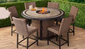 lot 20740 image: Agio Anderson 7pc High Dining Set with Fire Table - Retail $2,000