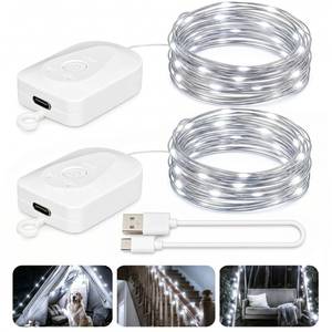 lot 222 image: DomeStar 2 Pack Fairy Lights, 32ft Rechargeable Battery Operated String Lights, 8 Modes Cool White LED for Bedroom, Living Room, Yard, Camping & Party Decor - Retail $7