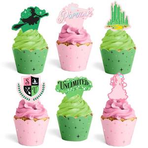 lot 257 image: xo, Fetti Pink  Green Witch Cupcake Toppers  Wrappers - Set of 24  Kids Cake Decoration, Popular Party Decor, Unlimited Wizard Supplies, Dessert Accessory - Retail $12