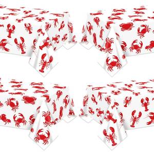lot 268 image: QUERICKY 4 Pack Seafood Crawfish Crab Tablecloths Plastic Red Lobster Crawfish Table Cover for Birthday Party Decorations Seafood Festivals Potluck Barbecue Supplies, 87 x 51 inches - Retail $4