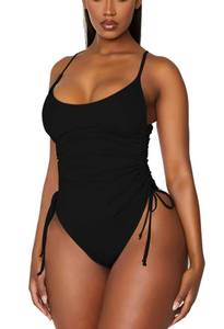 lot 290 image: Viottiset Womens Ruched Drawstring One Piece Swimsuit Tummy Control Cheeky Bathing Suit Black Medium - Retail $25