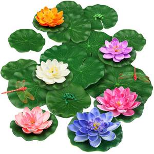 lot 291 image: QUOZUO 22 Pack Artificial Floating Foam Lotus Flowers with Artificial Frog Lotus Leaves, Lily Pads for Lake, Pond Plants Ornaments for Pool Water Decoration, Colorful - Retail $13