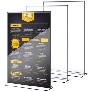 lot 301 image: DAMAGE ON ONE SEE PHOTOS  2 Pcs 11x17 Inch Acrylic Sign Holder Clear Menu Display Stand Literature Flyer Poster Frame Pricing Flyer Letter Notice Photo Table Tent Double Bottom Loading Sided for Tabletops (11x17 Inch) - Retail $36