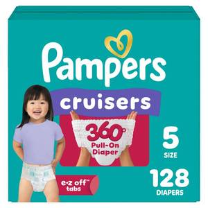 lot 311 image: Pampers Diapers - Cruisers 360 - Size 5, 128 Count, Babyproof up to 100% Leakproof Pull-On Diaper - Retail $50