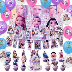 lot 362 image: 31 pcs Korean Idol Happy Birthday Party Decorations,Party Supplies Set Include one Backdrop,16 pcs Balloons,one Hanging Swirls,13 pcs Cake Cupcake Toppers for Boys Girls Kpop Theme Party - Retail $10