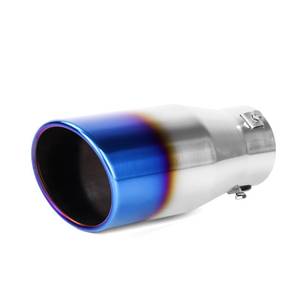 lot 372 image: Richeer 3 to 4 inch Blue Burnt Exhaust Tip, 3 Inlet 4 Outlet 9 Overall Length Stainless Steel Exhaust Tip Universal for Vehicles with 1.5 -2.5 O.D. Exhaust Tailpipe, Rolled Edge, Bolt on - Retail $31