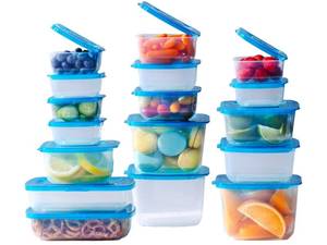 lot 379 image: Premium Attached Food Storage Containers, Permanently Attached Plastic Lid, Never Lose & Space Saving Organization (17 Pack) - Retail $54