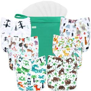 lot 386 image: wegreeco Cloth Diapers 6 Pack with 6 Inserts & 1 Wet Bag, Washable Cloth Diapers for Babies, One Size Adjustable Reusable (Forest, Animals) - Retail $30