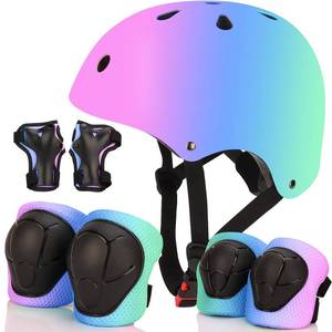 lot 413 image: Color Gradient Adjustable Bike Helmet with Knee and Elbow Pads - Kids Toddler Boys and Girls Skateboard Helmet for Ages 3-14  Ideal for Riding, Scooters, Inline Skating, Longboarding, Roller Skating - Retail $36