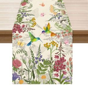 lot 421 image: XCHI Wildflowers Grass Hummingbirds Spring Table Runner Summer Table Decoration for Party Home Kitchen Dining Holiday Decor 13x36 Inch - Retail $766