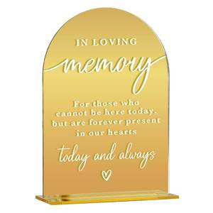 lot 428 image: Acrylic Wedding Sign, Bridal Shower Decorations, In Loving Memory Sign for Ceremony, Modern Font Table Signs, Gold Mirror Arched Acrylic Tabletop Signs for Wedding Reception and Event Party - Retail $10