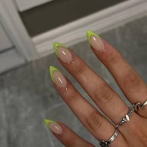 lot 430 image: Neon Green French Tip Press On Nails - Almond Shape, 30pcs, 15 Sizes, DIY Acrylic, Gel Finish - Retail $7