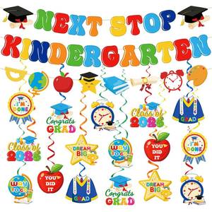 lot 437 image: NO-DIY Preschool Graduation Decorations, Next Stop Kindergarten Banner for Pre k Graduation Decorations, Prek Graduate Decorations Garland Cutouts Swirls for Class of 2026 Pre-k Graduation Party - Retail $9