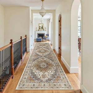 lot 439 image: Madane 3x12 Hallway Runner Rug, Non Slip Washable 12ft Runner for Hallways Soft Vintage Kitchen Rugs Low-Pile Thin Floor Carpet Runner for Entryway Bathroom Bedroom, TurmericGrey - Retail $70