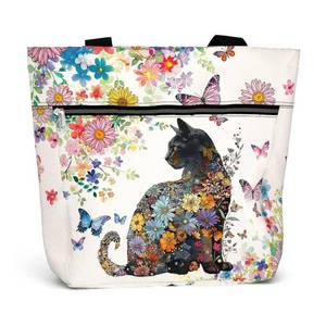 lot 457 image: Large Waterproof Tote Bag with Pockets and Zipper for Work. Gift for Cat Lover Cat Owner. Shoulder Bag for Women. Aesthetic 15 inch Bag. Flower Pattern. - Retail $28