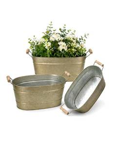 lot 467 image: vensovo 15 Inch Galvanized Planters for Outdoor Plants - 3 Pcs Rustic Large Metal Flower Buckets with Drainage & Plug, Farmhouse Style Oval Planter Containers with Handles, Great for Home Decor - Retail $33