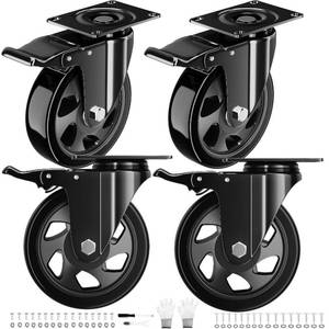 lot 470 image: 4 Inch Caster Wheels Heavy Duty 2200Lbs, Casters Set of 4 with Safety Dual Locking, Swivel Industrial Plate Casters, No Noise Wheels for Cart, Furniture(Bonus of 2 Hardware Kits & Gloves) - Retail $26