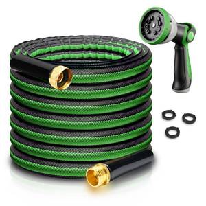 lot 474 image: Aterr Garden Hose 50ft, Lightweight Flexible Water Hose with 10 Pattern Nozzle, Durable Hose, Solid Aluminum Connectors, Leak-Resistant for Yard Lawn Car Washing, (Green) - Retail $20