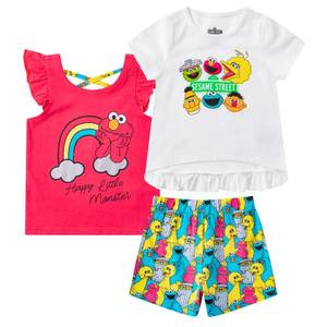 lot 487 image: Sesame Street Elmo Girls T-Shirt, Tank Top and Short Set for Infants and Toddlers - Off WhiteRed 2T - Retail $17