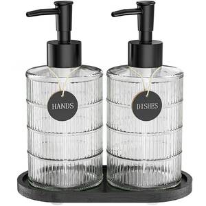 lot 494 image: MASADI Soap Dispenser Set with Bamboo Tray, Dish and Hand Soap Lotion Dispenser Set with Wooden Pump for Kitchen and Bathroom Decor for Counter, Modern Vintage Liquid Soap Dispensers (Clear&Black) - Retail $10