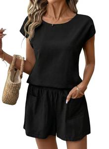 lot 496 image: SHEWIN Women Two Piece Sets Linen Cotton Shorts Set Summer Matching Lonuge Outfits Airport 2 Pcs Clothes Solid Casual Trendy 2026 Clothing Size L, Black - Retail $20