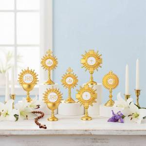 lot 502 image: Bucherry 12 Pcs First Communion Table Decorations Metal Mini Jhs Monstrance Figurines Bulk Religious Baptism Centerpieces for Tables Gold Cross Chalice for Home Church Party Decor Catholic Gifts - Retail $16