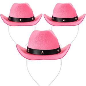 lot 519 image: WILLBOND 3 Pcs Cowboy Hat Headbands Mini Cowgirl Hat Hot Pink Women Costume Headwear for Halloween Masquerade Western Birthday Party Accessories - Retail $13
