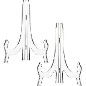 lot 535 image: HESTYA 2 Pcs 9.8 Inch Clear Acrylic Easel Stand, Plate Display Stands Photo Picture Frame Holders for Weddings, Birthdays, Home Decor & Table Display - Retail $9