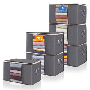 lot 557 image: 90L Clothes Blanket Storage Bags, 6 Pack Under Bed Storage Bins with Lids, Foldable Closet Organizer with Reinforced Handles for Clothing, Blanket, Comforters, Bed Sheets, Pillows and Toys, Gray - Retail $19