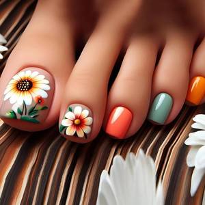 lot 563 image: Flower Press on Toenails Short Square Fake Toe Nails with Floral Daisy Design Glossy Orange False Toenails Light Green Glue on Toenail Cute Summer Stick on Toenail for Manicure 24Pcs - Retail $7