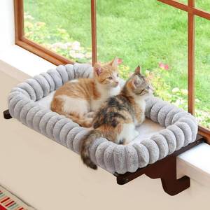 lot 565 image: Zakkart SnugCloud Cat Window Perch with 4-Sided Bolster - Large Cat Hammock for Window Sill - Solid Hardwood & Metal Frame - Window Seat for Pets (Dark Stained Wood wGray Bed, Large) - Retail $28