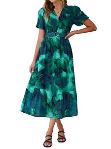 lot 568 image: Simplee Womens Summer Boho Floral Midi Dress - Casual Beach Wedding Guest Chiffon A Line Belted Long Flowy Holiday Dresses 2026,Lake Blue M - Retail $20