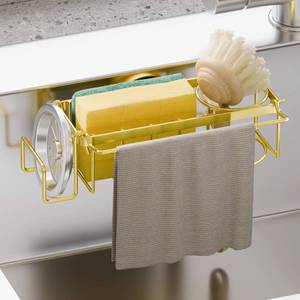 lot 576 image: TAILI Sponge Holder with Strong Suction Cup, 4-in-1 Rustproof Sink Organizer - Sink Caddy Holds Sponges, Brushes, Stoppers & Scrapers -Gold - Retail $18