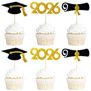 lot 579 image: 2026 Graduation Cupcake Toppers 48 Pack, Pre-Assembled Food & Appetizer Picks, Black Gold Grad Cap & Diploma Cupcake Decorations for Graduation Party - Retail $5