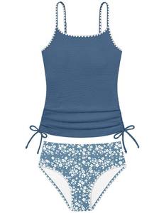 lot 586 image: Girls Tankini Swimsuits Size 12-14 Teen Bathing Suits for Girl 12-14 Gray Blue Floral Unique Edge Swimwear with Drawstring  Swim Briefs 2 Piece Set - Retail $27
