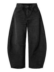 lot 587 image: EXLURA Womens Barrel Jeans Wide Leg Y2K Boyfriend Denim Pants Hip Hop Vintage Baggy Jeans Cotton Mid-Low Elastic Waist Pants Black Large - Retail $36
