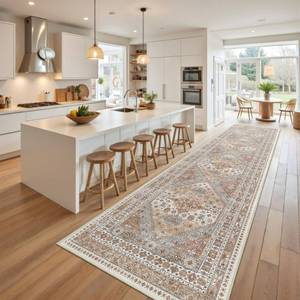 lot 596 image: Restydon Runner Rug 2x10, Ultra-Thin Kitchen Rugs Non Slip Washable Rugs for Entryway Rug, Kitchen Runner Low Pile Vintage Soft Carpets for Living Room, Bathroom Bedroom (Orange,2x10) - Retail $30