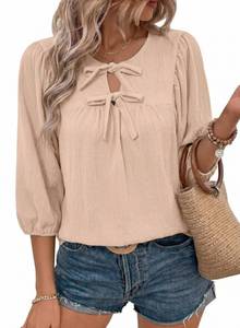 lot 600 image: SHEWIN Womens Blouses 34 Sleeves Summer Tops for Womens Dressy Casual Babydoll Puff Sleeve Tie Front Beige Tops 2026 Elegant Loose Ladies Shirts Trendy Boutique Fall Clothes Medium - Retail $17