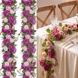 lot 603 image: Riceshoot 4 Pcs 6ft Flower Garland with Peony & Rose - Artificial Silk Floral Vine Hanging Fake Roses Vine for Wedding Party Home Decor, Spring Flowers for Arch Table Mantel Decoration(Pink Purple) - Retail $50