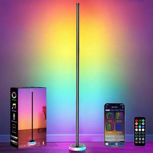 lot 635 image: BRINGUX Smart Corner Floor Lamp, RGBICW LED Standing Lamp with App Control, 16 Million Colors with Music Sync, Dimmable Ambient Light for Bedroom, Living Room, Home Decor (Black) - Retail $30