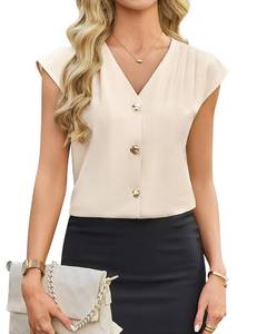 lot 652 image: Blooming Jelly Womens Business Work Tops Teacher Dressy Casual Outfits Pleated V Neck Basics Fashion Clothing XL, Beige - Retail $1,749