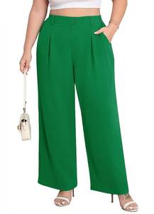 lot 662 image: Lastshe Plus Size Pants for Curvy Women High Waist Pleated Wide Leg Paper Bag Casual Lounge Palazzo Straight Trouser st Patricks Day Pants for Women,Dark Green,1X - Retail $17