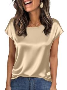 lot 663 image: Nfsion Tops for Women Silk Satin Cap Short Sleeve Blouse Square Neck Shirts Business Casual Outfits X-Large Champagne - Retail $13