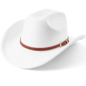 lot 678 image: AQOKKA Western Cowboy Hats for Women Classic Felt Wide Brim Fedora Hat with Belt Buckle Retro Panama Hat Unisex Rolled up Cap - Retail $22