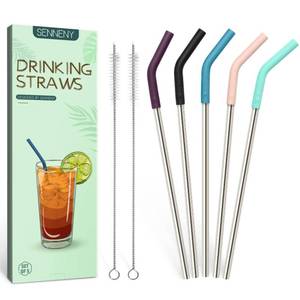 lot 690 image: Senneny Set of 5 Stainless Steel Straws with Silicone Flex Tips Elbows Cover, 2 Cleaning Brushes and 1 Portable Bag Included (Silver)- 8mm diameter - Retail $8