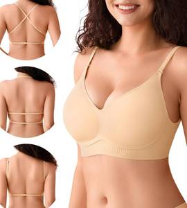 lot 704 image: DEANGELMON Seamless Low Back Bra Wireless Backless Bra Womens Thin Straps Halter Bra Low Cut V Neck Multiway Convertible Bras(Nude,L) - Retail $20